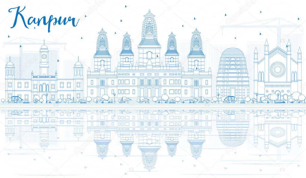 Outline Kanpur Skyline with Blue Buildings and Reflections.