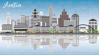 Austin Skyline gri binalar, mavi gökyüzü ve yansımaları ile.