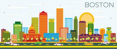 Boston manzarası renkli binalar ve mavi gökyüzü ile.