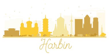 Harbin şehir manzarası altın siluet.