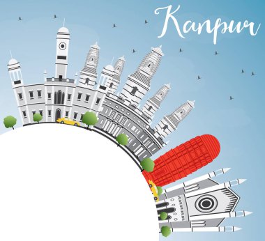 Kanpur manzarası gri binalar, mavi gökyüzü ve kopya alanı.