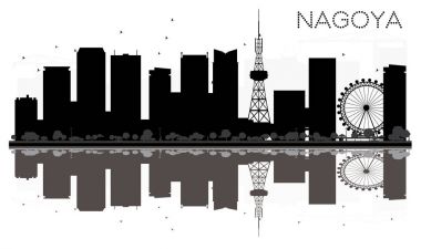 Nagoya City skyline siyah beyaz siluet yansımaları ile.