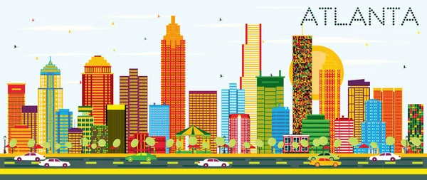 Atlanta Skyline mit farbigen Gebäuden und blauem Himmel. — Stockvektor