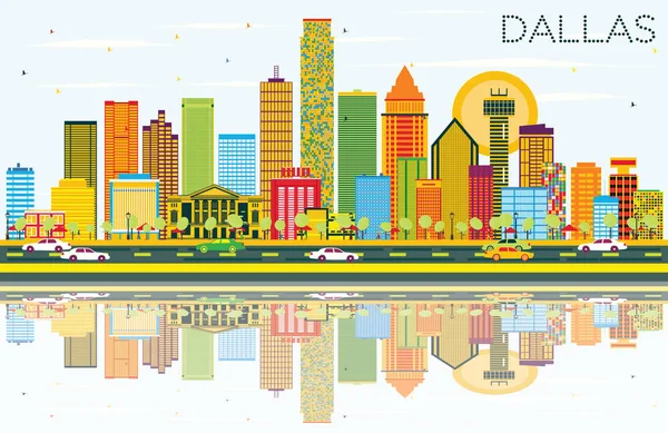 Dallas manzarası renkli binalar, mavi gökyüzü ve yansımaları ile. — Stok Vektör
