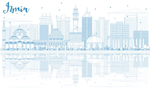 Περίγραμμα ορίζοντα Σμύρνης με μπλε κτίρια και αντανακλάσεις. — Διανυσματικό Αρχείο