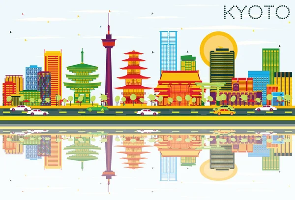Kyoto manzarası renkli binalar, mavi gökyüzü ve yansımaları ile.