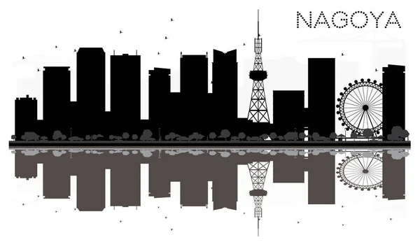 Nagoya City skyline black and white silhouette with reflections. — Stock Vector