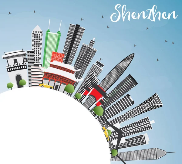 Shenzhen Skyline met grijs gebouwen, blauwe hemel en kopie ruimte. — Stockvector