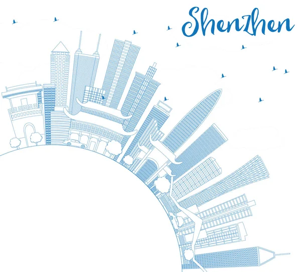 Esquema de Shenzhen Skyline con edificios azules y espacio de copia . — Vector de stock