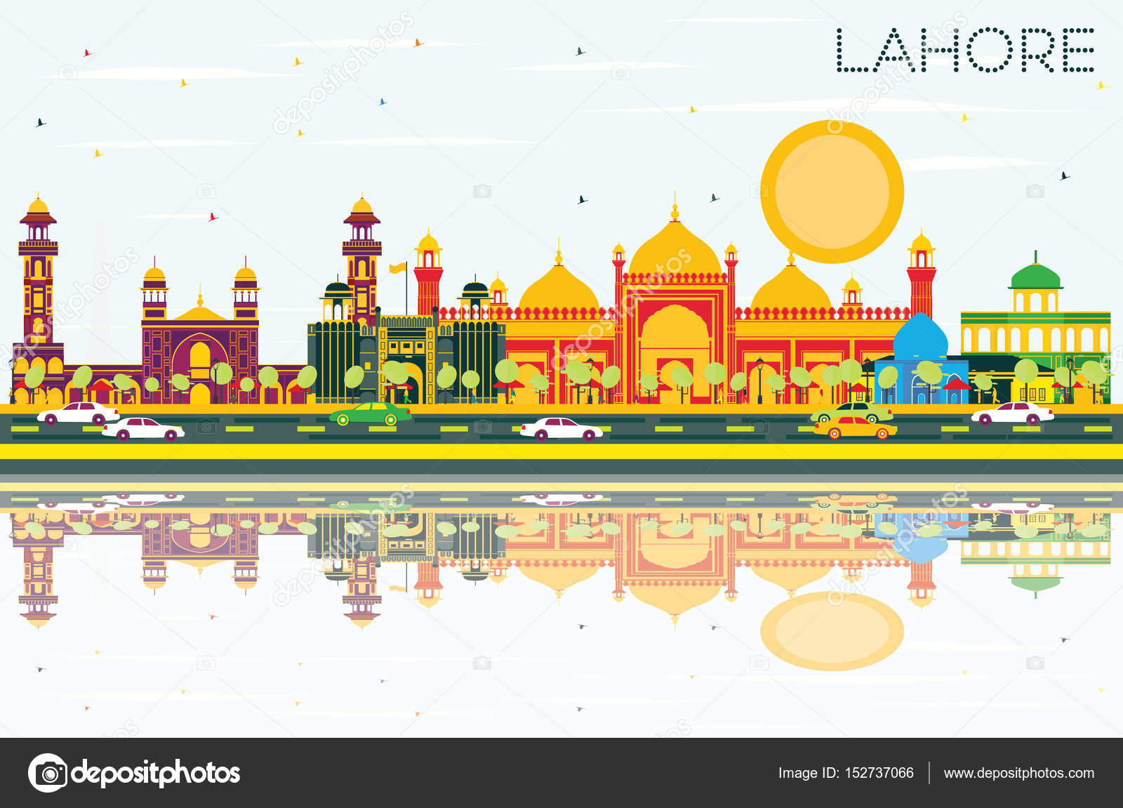 Lahore Skyline with Color Landmarks, Blue Sky and Reflections. Stock