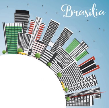 Brasilia manzarası gri binalar, mavi gökyüzü ve kopya alanı.