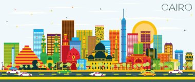 Cairo manzarası renkli binalar ve mavi gökyüzü ile.
