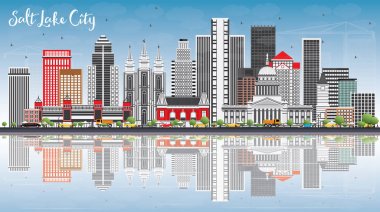 Salt Lake City Skyline gri binalar, mavi gökyüzü ve yansıtmak