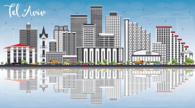 Tel Aviv manzarası ile gri binalar, mavi gökyüzü ve yansımaları.