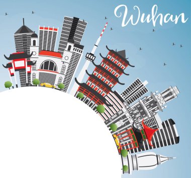 Wuhan manzarası gri binalar, mavi gökyüzü ve kopya alanı.