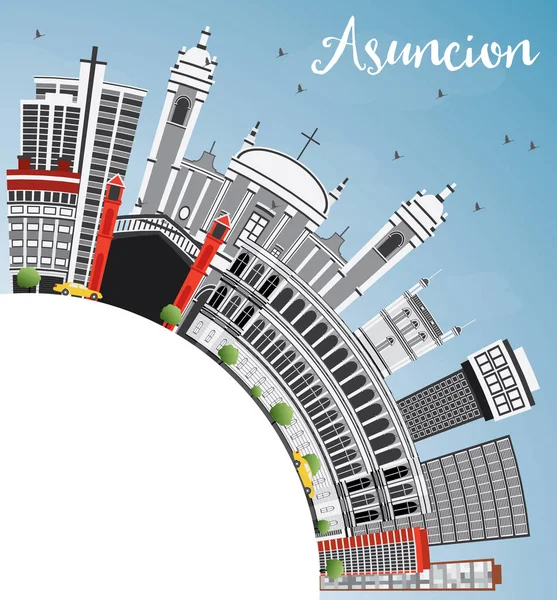 Asuncion Skyline med grå byggnader, blå himmel och kopia utrymme. — Stock vektor