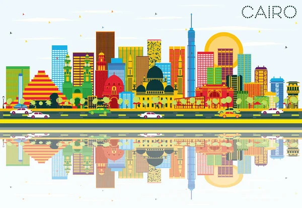 Cairo manzarası renkli binalar, mavi gökyüzü ve yansımaları ile.
