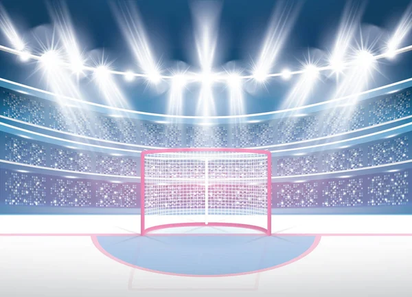 Stade de hockey sur glace avec projecteurs et but rouge . — Image vectorielle