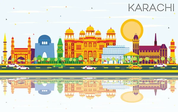 Karachi Skyline met kleur monumenten, blauwe hemel en reflecties. — Stockvector