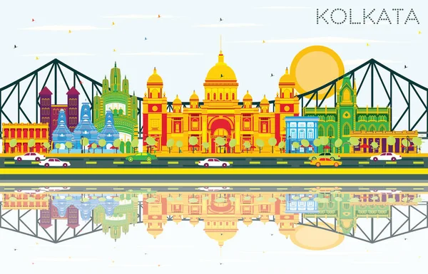 Kolkata Skyline with Color Landmarks, Blue Sky and Reflections. — Stock Vector