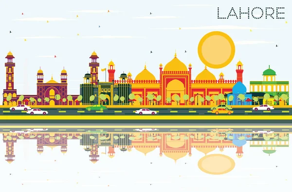 El horizonte de Lahore con hitos de color, cielo azul y reflexiones . — Vector de stock