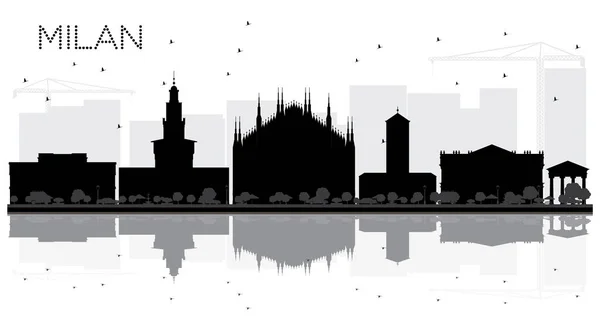 Ciudad de Milán skyline silueta en blanco y negro con reflejos . — Vector de stock