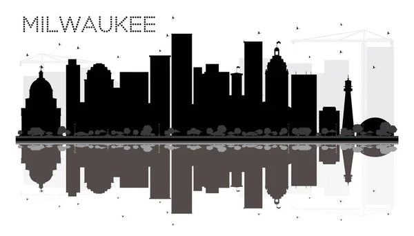 Milwaukee City skyline biało-czarna sylwetka z reflectio — Wektor stockowy