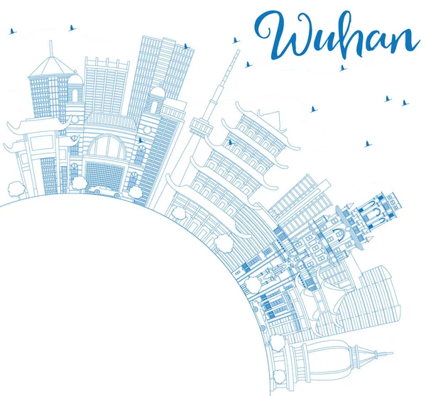 Esquema de Wuhan Skyline con edificios azules y espacio de copia . — Vector de stock