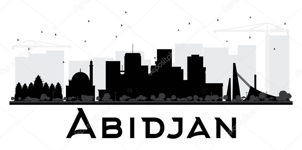 Abidjan City skyline black and white silhouette. 
