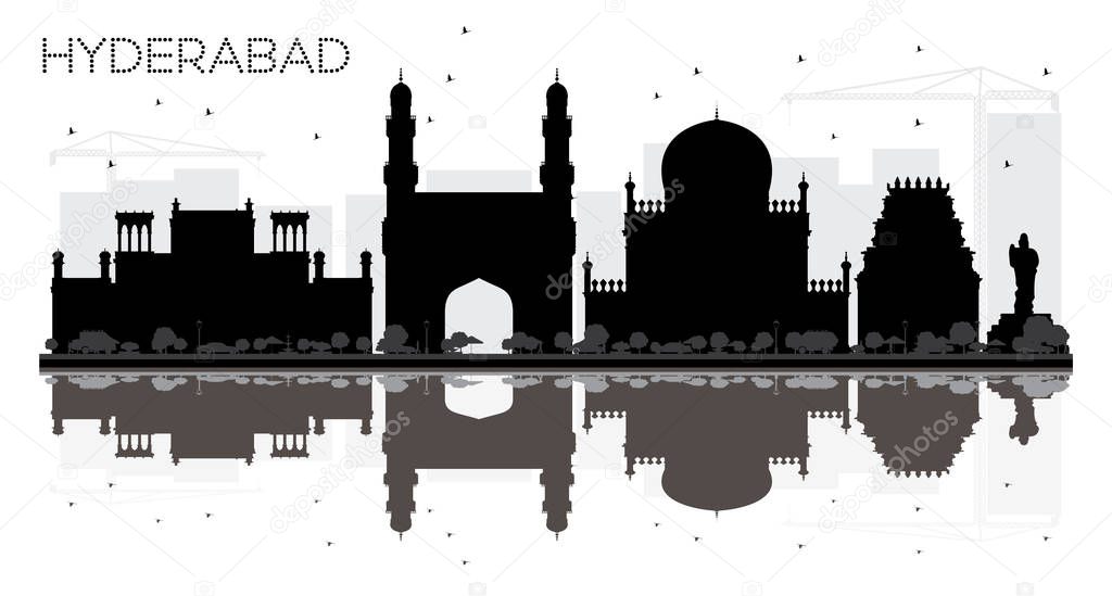 Hyderabad City skyline black and white silhouette with reflectio
