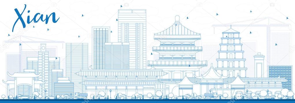 Outline Xian Skyline with Blue Buildings.