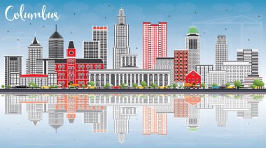 Columbus Skyline with Gray Buildings, Blue Sky and Reflections. clipart