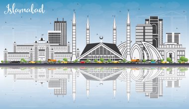 Islamabad manzarası ile gri binalar, mavi gökyüzü ve yansımaları.