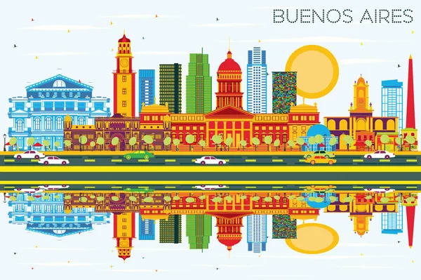 Buenos Aires Skyline con Hitos de Color, Cielo Azul y Reflecti — Vector de stock