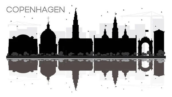 Copenhague City skyline silhueta em preto e branco com reflecti — Vetor de Stock