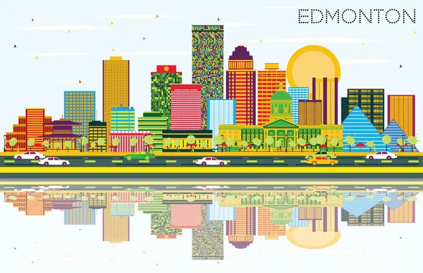 Edmonton Skyline com edifícios coloridos, céu azul e reflexões . —  Vetores de Stock