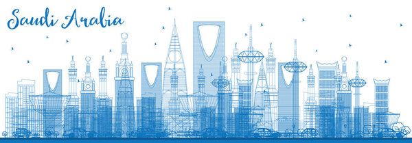 Outline Saudi Arabia Skyline with Blue Landmarks.