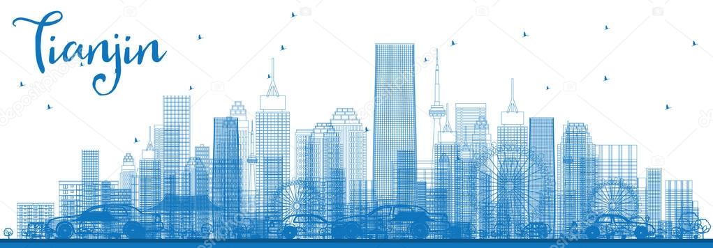 Outline Tianjin Skyline with Blue Buildings.