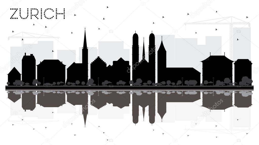 Zurich City skyline black and white silhouette with reflections.