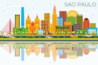 Sao Paulo manzarası ile gri binalar, mavi gökyüzü ve yansımaları.