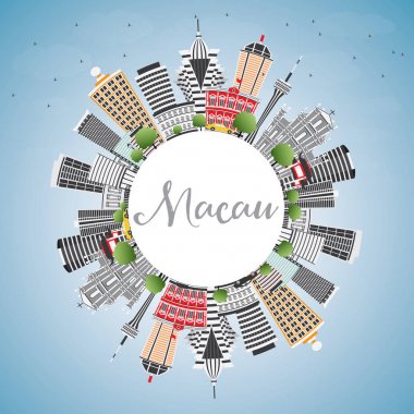 Macau manzarası ile gri binalar. Mavi gökyüzü ve kopya alanı.