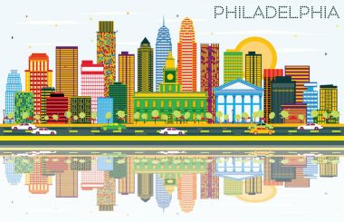 Philadelphia manzarası renkli binalar, mavi gökyüzü ile Reflecti