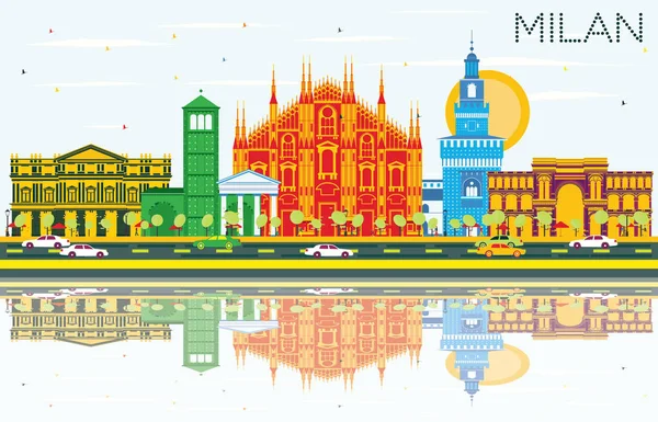 Milan Skyline with Gray Landmarks, Blue Sky and Reflections. — Stock Vector