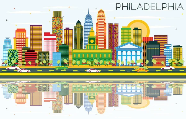 Philadelphia Skyline mit farbigen Gebäuden, blauem Himmel und Reflektoren — Stockvektor