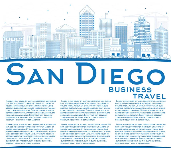 Overzicht San Diego Skyline met blauwe gebouwen en kopie ruimte. — Stockvector