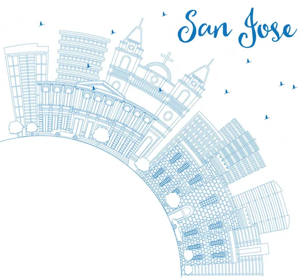 Obrys San Jose Skyline s modré budovy a kopírovat prostor. — Stockový vektor