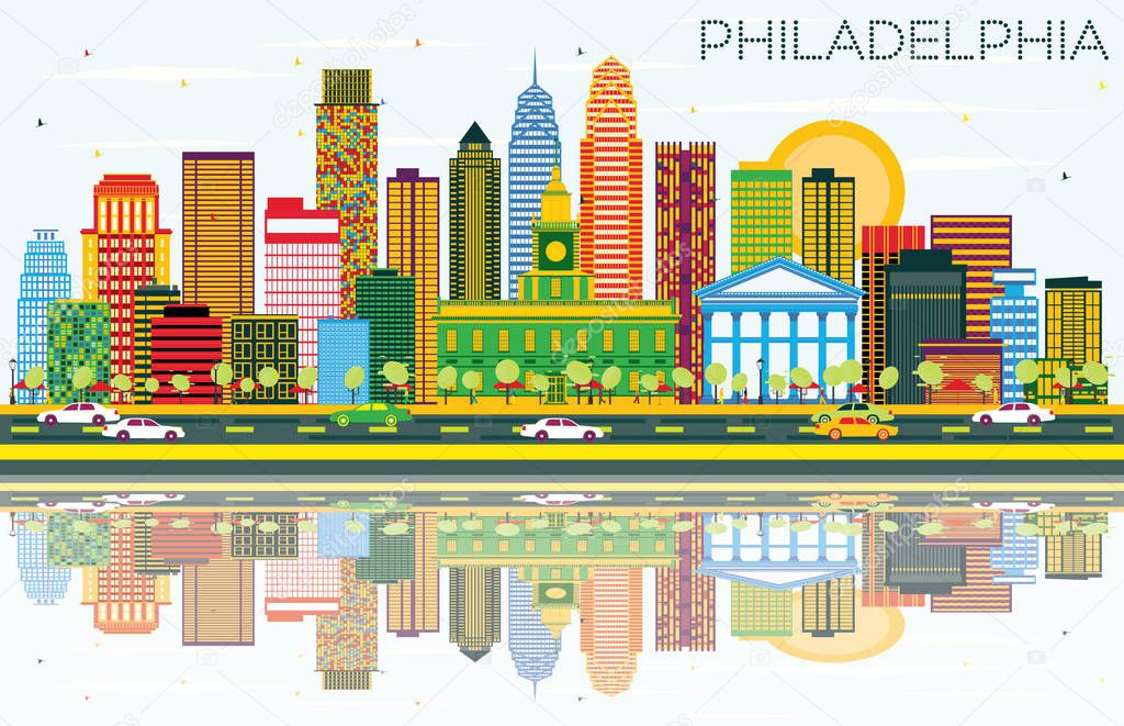 Philadelphia Skyline with Color Buildings, Blue Sky and Reflecti