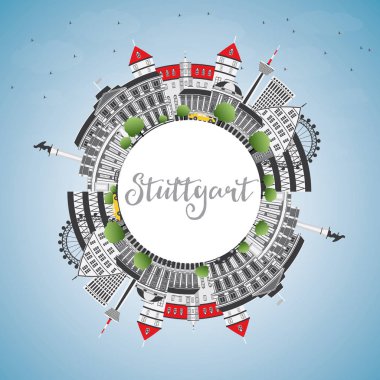 Stuttgart manzarası gri binalar, mavi gökyüzü ve kopya alanı.
