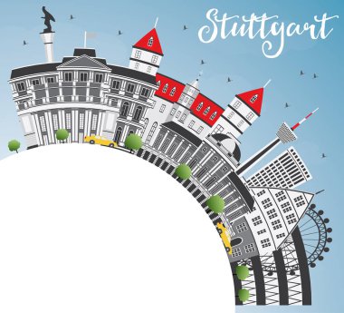 Stuttgart manzarası gri binalar, mavi gökyüzü ve kopya alanı.