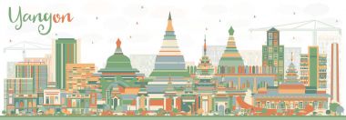 Soyut Yangon manzarası renkli binalar.